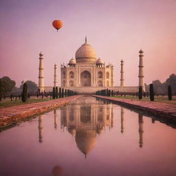 Enchanting colour palette of a pink and orange sunset enveloping the Taj Mahal, along with countless floating lanterns providing a fairy-tale ambiance