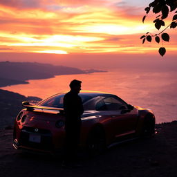 A poignant farewell scene featuring a Nissan GTR parked gracefully on a scenic cliff overlooking a sunset, the sky awash with vibrant hues of orange, pink, and purple