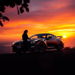 A poignant farewell scene featuring a Nissan GTR parked gracefully on a scenic cliff overlooking a sunset, the sky awash with vibrant hues of orange, pink, and purple