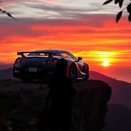 A poignant farewell scene featuring a Nissan GTR parked gracefully on a scenic cliff overlooking a sunset, the sky awash with vibrant hues of orange, pink, and purple