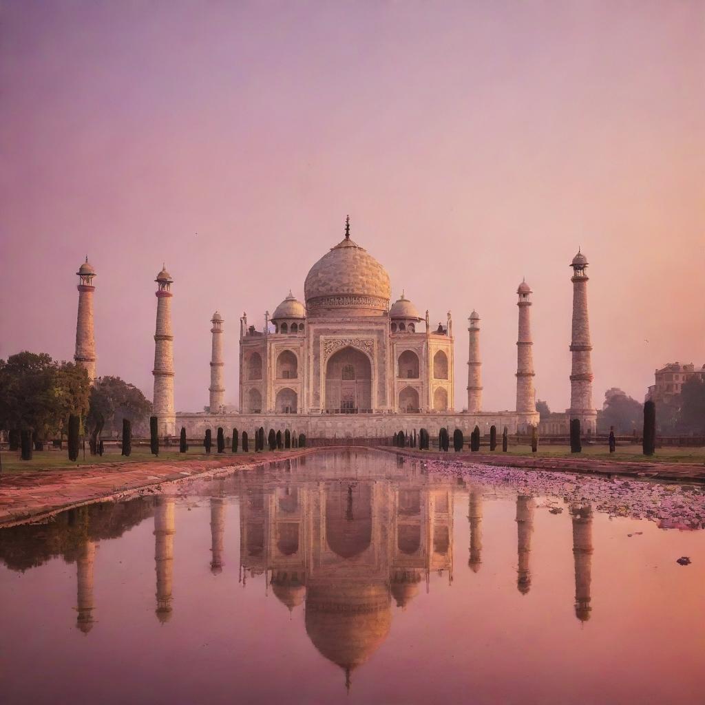 Enchanting colour palette of a pink and orange sunset enveloping the Taj Mahal, along with countless floating lanterns providing a fairy-tale ambiance