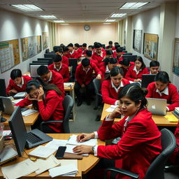 A group of individuals in striking red uniforms, engaged in administrative tasks at a university