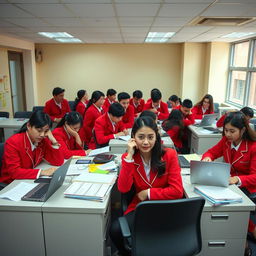 A group of individuals in striking red uniforms, engaged in administrative tasks at a university