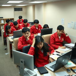 A group of individuals in striking red uniforms, engaged in administrative tasks at a university