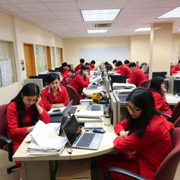 A group of individuals in striking red uniforms, engaged in administrative tasks at a university