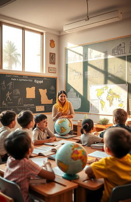 A vibrant and educational scene depicting children and a teacher engaged in social studies in a classroom set in Egypt