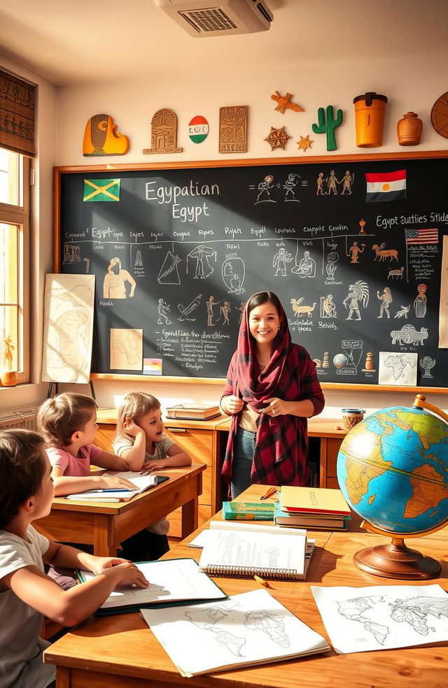 A vibrant and educational scene depicting children and a teacher engaged in social studies in a classroom set in Egypt