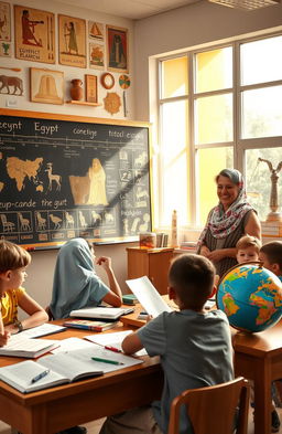 A vibrant and educational scene depicting children and a teacher engaged in social studies in a classroom set in Egypt