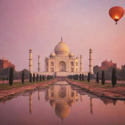 Enchanting colour palette of a pink and orange sunset enveloping the Taj Mahal, along with countless floating lanterns providing a fairy-tale ambiance