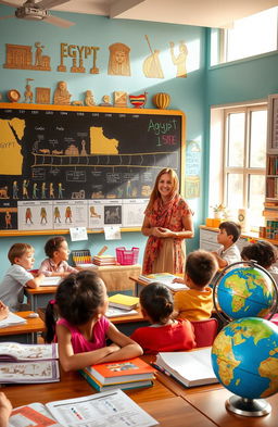 A vibrant and educational scene depicting children and a teacher engaged in social studies in a classroom set in Egypt