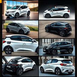 A collection of images featuring a compact electric vehicle from RENAULT with sporty characteristics, showcasing it from various angles such as front, side, and rear views