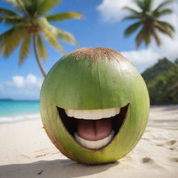 A young coconut with a cheerful, animated face breaking into a hearty laugh, set against a picturesque tropical beach scenery.