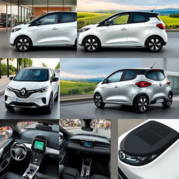 A collection of images featuring a compact electric vehicle from RENAULT with sporty characteristics, showcasing it from various angles such as front, side, and rear views