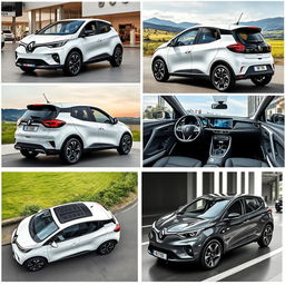 A collection of images featuring a compact electric vehicle from RENAULT with sporty characteristics, showcasing it from various angles such as front, side, and rear views