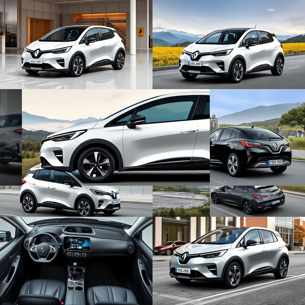 A collection of images featuring a compact electric vehicle from RENAULT with sporty characteristics, showcasing it from various angles such as front, side, and rear views