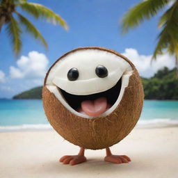 A young coconut with a cheerful, animated face breaking into a hearty laugh, set against a picturesque tropical beach scenery.