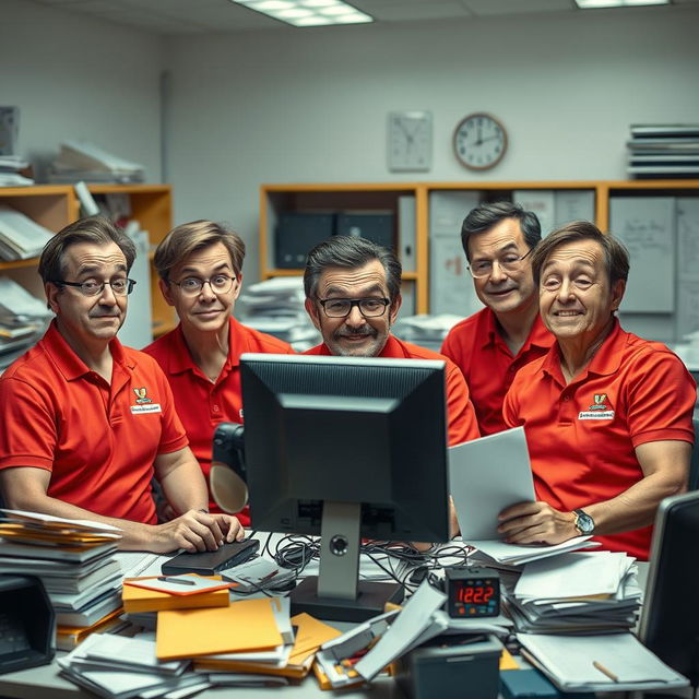 A comical scene depicting university administrative staff with foolish expressions, all wearing bright red polo shirts