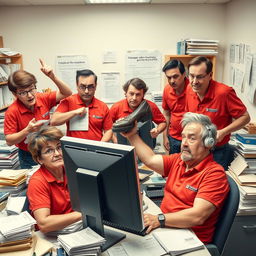 A comical scene depicting university administrative staff with foolish expressions, all wearing bright red polo shirts