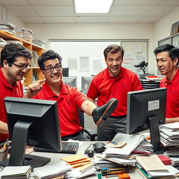 A comical scene depicting university administrative staff with foolish expressions, all wearing bright red polo shirts