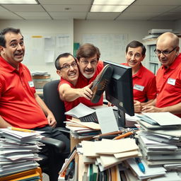 A comical scene depicting university administrative staff with foolish expressions, all wearing bright red polo shirts