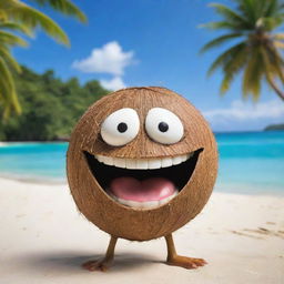 A young coconut with a cheerful, animated face breaking into a hearty laugh, set against a picturesque tropical beach scenery.