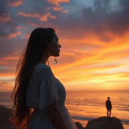 A woman with long flowing hair standing on a cliff, crying delicate crystal tears, which catch the sunlight and create a shimmering effect