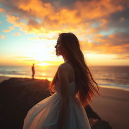 A woman with long flowing hair standing on a cliff, crying delicate crystal tears, which catch the sunlight and create a shimmering effect