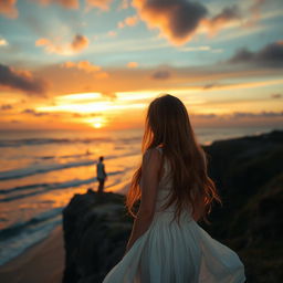 A woman with long flowing hair standing on a cliff, crying delicate crystal tears, which catch the sunlight and create a shimmering effect