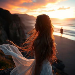 A woman with long flowing hair standing on a cliff, crying delicate crystal tears, which catch the sunlight and create a shimmering effect