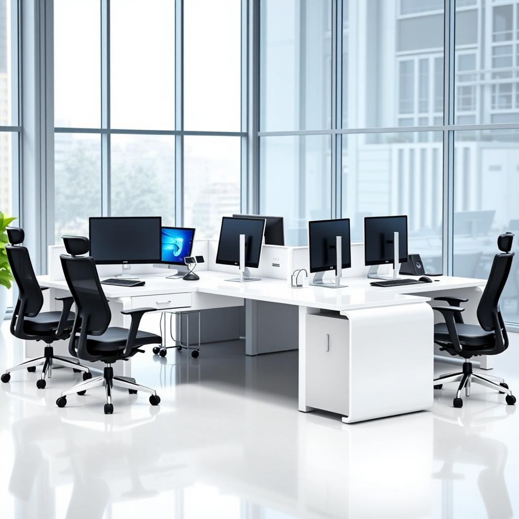 A modern L-shaped desk designed for four desktop computers, featuring a sleek, minimalistic design with a glossy white finish