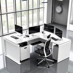 A modern L-shaped desk designed for four desktop computers, featuring a sleek, minimalistic design with a glossy white finish