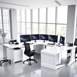 A modern L-shaped desk designed for four desktop computers, featuring a sleek, minimalistic design with a glossy white finish