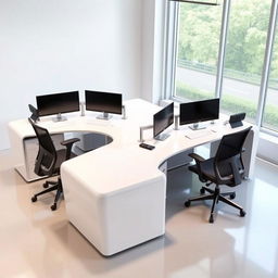 A modern L-shaped desk designed for four desktop computers, featuring a sleek, minimalistic design with a glossy white finish