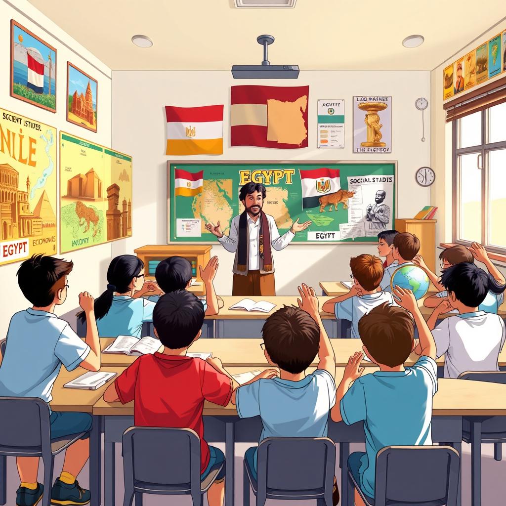 An engaging and educational illustration showcasing a classroom in Egypt where students are actively learning about Social Studies