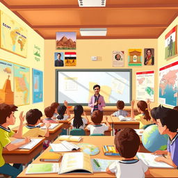 An engaging and educational illustration showcasing a classroom in Egypt where students are actively learning about Social Studies