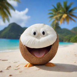 A young coconut with a cheerful, animated face breaking into a hearty laugh, set against a picturesque tropical beach scenery.