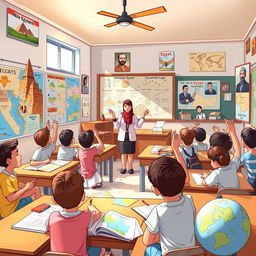 An engaging and educational illustration showcasing a classroom in Egypt where students are actively learning about Social Studies