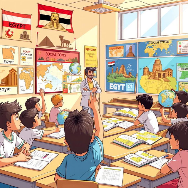 An engaging and educational illustration showcasing a classroom in Egypt where students are actively learning about Social Studies