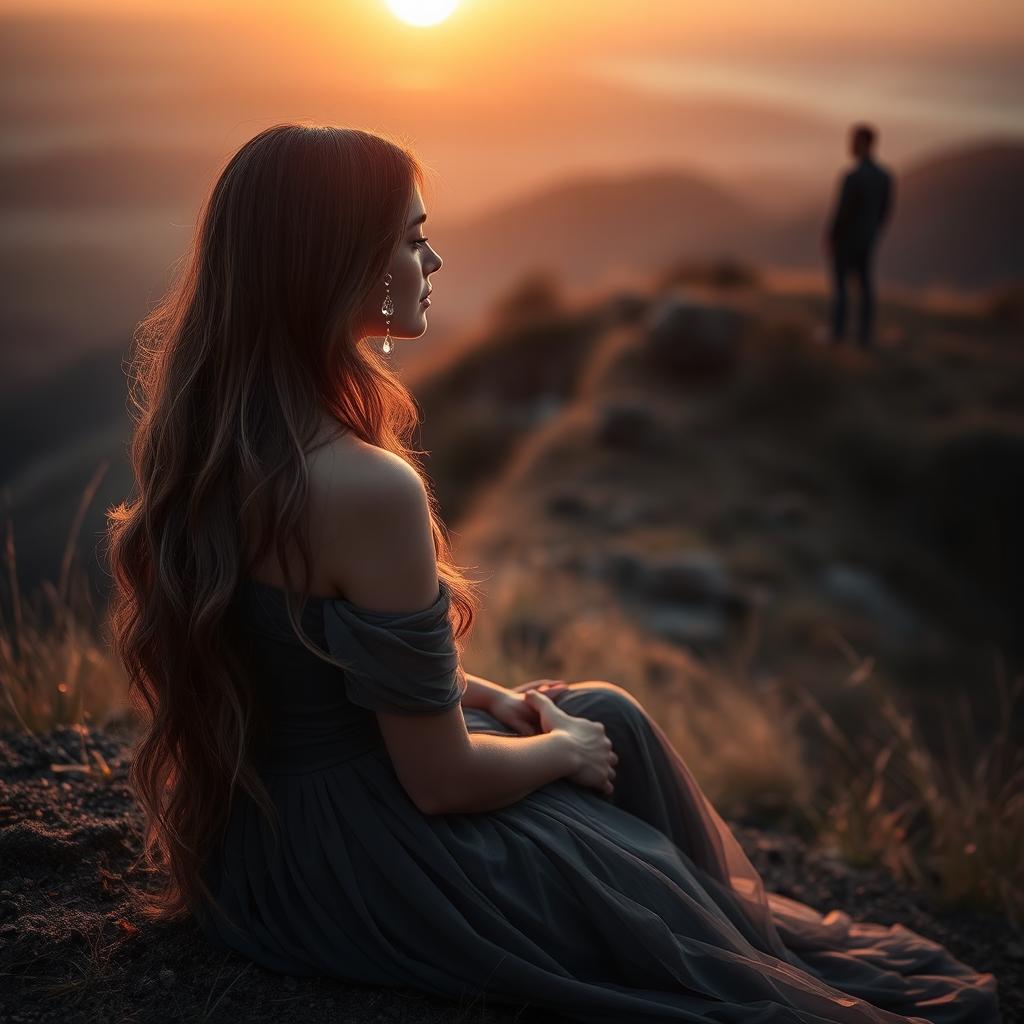 A woman with long, flowing hair, wearing an elegant yet somber dress, sits on a hillside, gazing off into the distance where a man stands