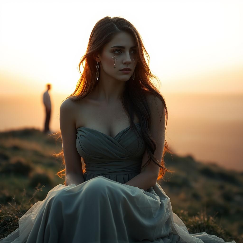 A woman with long, flowing hair, wearing an elegant yet somber dress, sits on a hillside, gazing off into the distance where a man stands