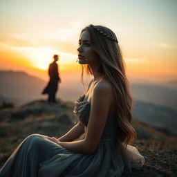 A woman with long, flowing hair, wearing an elegant yet somber dress, sits on a hillside, gazing off into the distance where a man stands