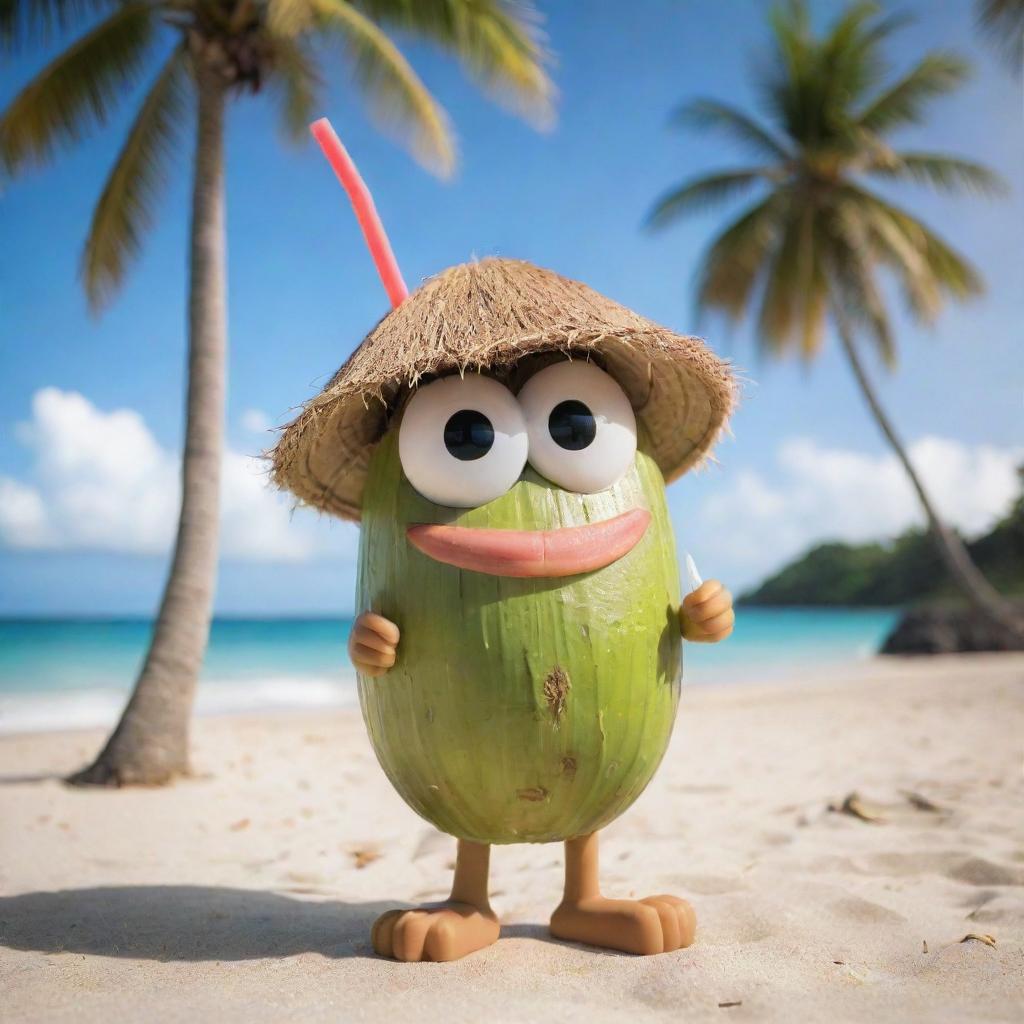 A young coconut character sipping delicious coconut water from a straw, enjoying the tropical vibe with a beach and palm trees in the background.