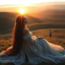 A woman with long, cascading hair, dressed in a flowing, ethereal gown, sits on a grassy knoll