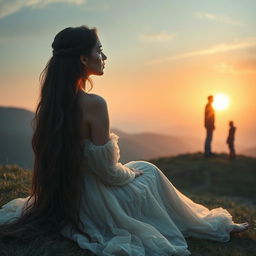 A woman with long, cascading hair, dressed in a flowing, ethereal gown, sits on a grassy knoll