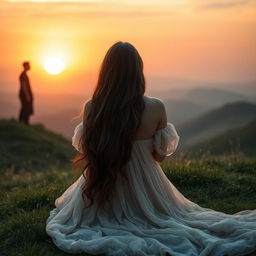 A woman with long, cascading hair, dressed in a flowing, ethereal gown, sits on a grassy knoll