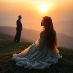 A woman with long, cascading hair, dressed in a flowing, ethereal gown, sits on a grassy knoll