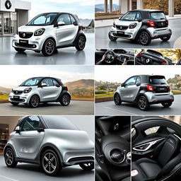 A collection of images featuring a compact electric smart vehicle from RENAULT with sporty characteristics, showcasing it from various angles like front, side, and rear views