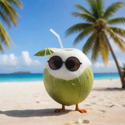 A young coconut character sipping delicious coconut water from a straw, enjoying the tropical vibe with a beach and palm trees in the background.