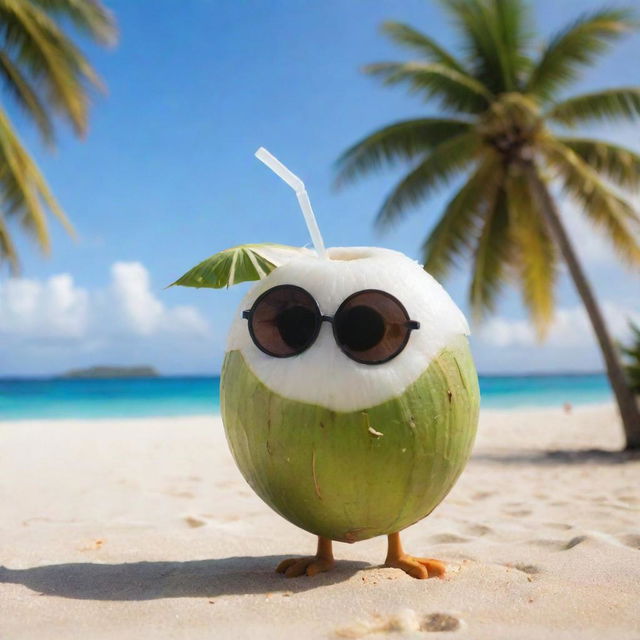 A young coconut character sipping delicious coconut water from a straw, enjoying the tropical vibe with a beach and palm trees in the background.