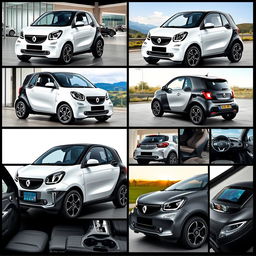 A collection of images featuring a compact electric smart vehicle from RENAULT with sporty characteristics, showcasing it from various angles like front, side, and rear views